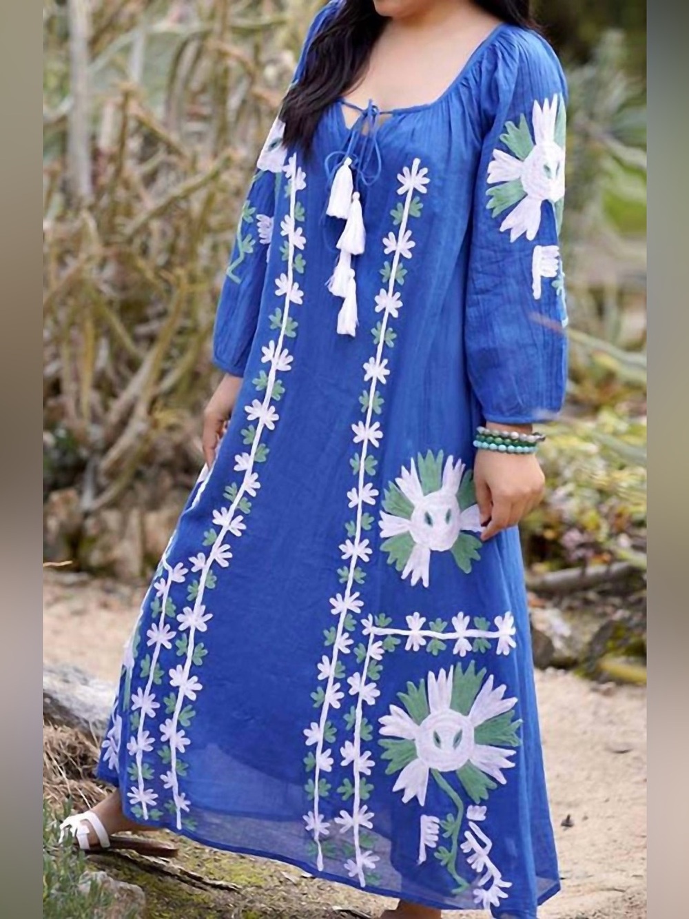 Dolma Elana Embroidered Boho Maxi Dress In Blue One Size Floral Indie Resort